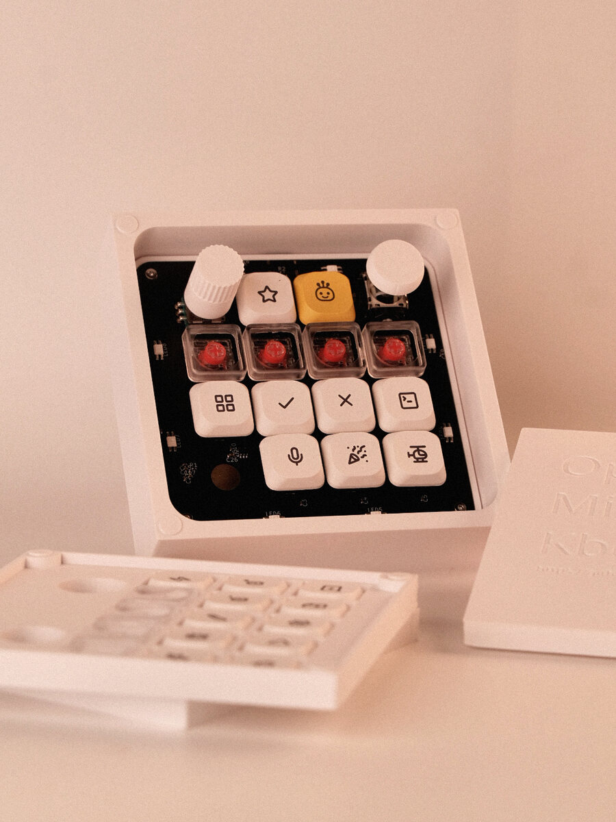 The board seated in its printed box beside a printed keycap tray